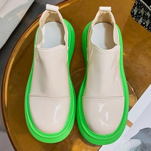 2021 Womens Chunky Platform Chelsea Boots Autumn Mix Color Patent Leather Ankle Green Boots Woman Slip on Short Bottes Female