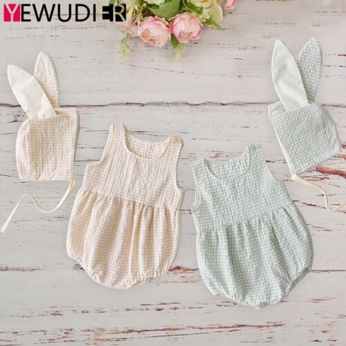 0-2T Newborn Baby Rompers Summer Sleeveless Plaid Vest Clothes Toddler Girl Cotton Triangle Jumpsuit Outfits With Cute Bunny Hat