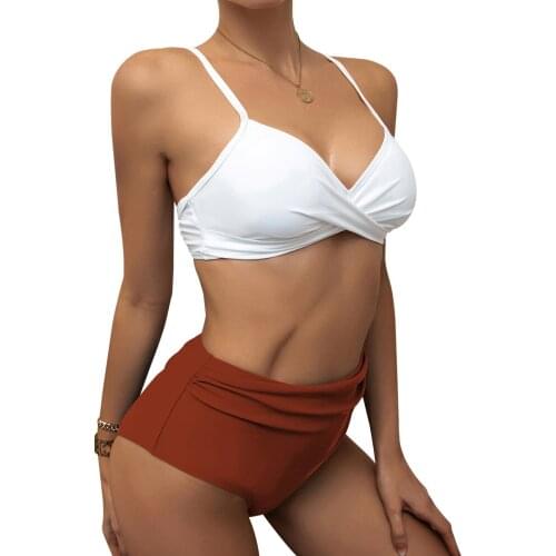 2021Women Bikini Split Swimsuit Set Solid Color Deep V-neck Backless Bikini + High Waist Panties for Summer