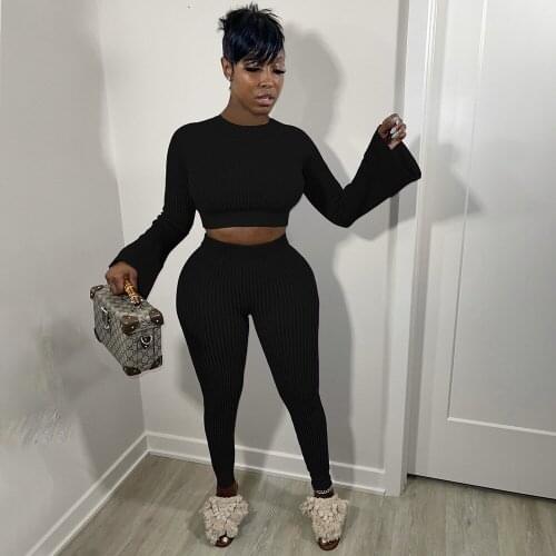 Ribbed Knitted Women Two Piece Pant Suit O-neck Long Flare Sleeve Crop Top and Elastic Skinny Legging Autumn Fitness Tracksuit