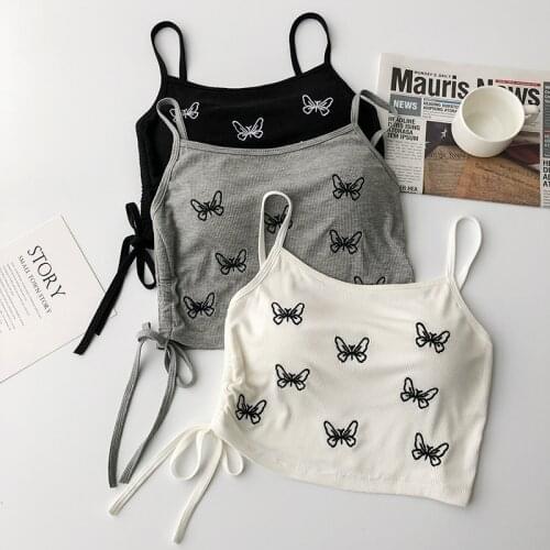 Knitted Butterfly Women Crop Top Black White Spaghetti Strap Drawstring Sports Bras Corset Top W9306
