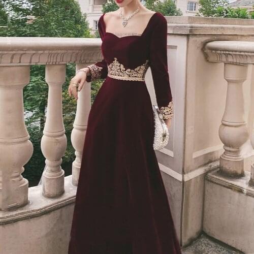 2021 Elegant Square Collars Long Sleeve A-Line Vintage Bridal Wedding Party Vestido Velvet Evening Dresses Slim Full Length Gown