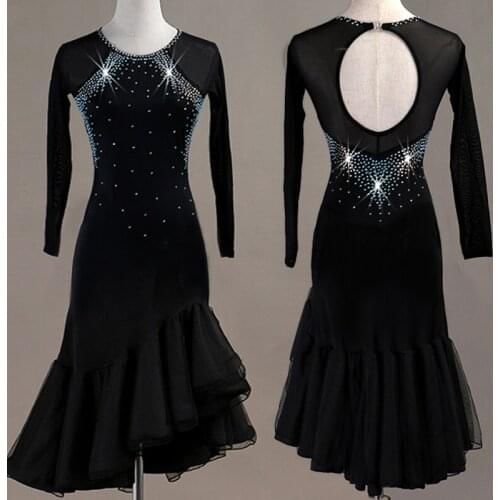 New Latin Dance Dress For Women Shiny Long Sleeve Black Dress Lace Salsa Dress Professional Stage Competitive Latin Dress VDB127