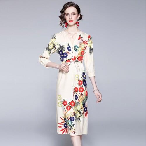 WTIANYUW New 2021 Summer Women Dress V Neck Three Quarter Sleeve A Line Print Midi Adjustable Waist Dresses Vestidos Jurk