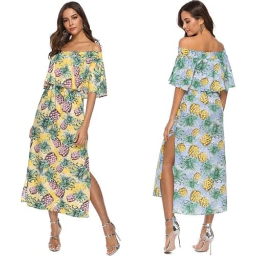 Summer Womens Dress Twill Chiffon Print Dress Yellow Light Blue Print Long Skirt Strapless Loose Straight Holiday Beach Dress