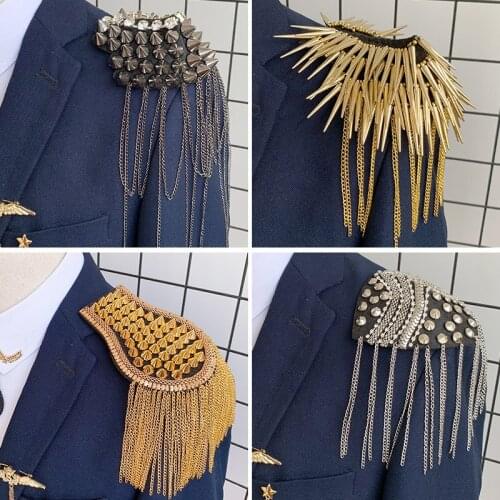 2 Pcs Bead Rhinestone Chain Fringed Performance Stage Coat Punk Rivet Stud Spike Tassel Epaulettes Sewing Crafts