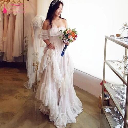 White Dot Tulle Wedding Dresses Hippie Style GYPSY Bridal Gowns 2018 Lace Summer Bohemian Vestido De Noiva ZW069