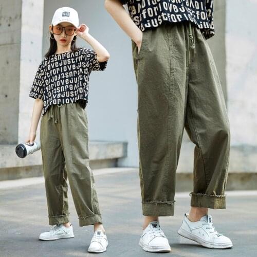 Teenage Girls Pants New Summer Casual Fashion Loose Green Cotton Kids Leg Wide Pants School Children Trousers 6 8 10 12 14 Years
