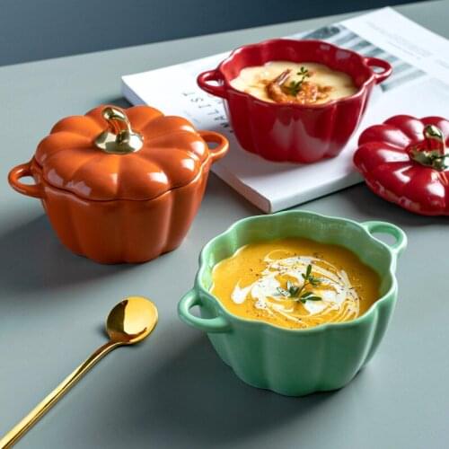 Pumpkin Shape Baking Bowl with Lid Glaze Au Gratin Soup Salad Bowl with Spoon Kitchen Bakeware Oven Party Baking Pan Supplies