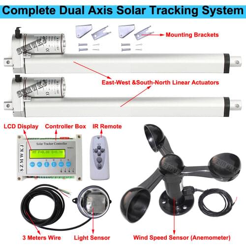 LCD Dual Axis Solar Tracking Tracker W/ 2*12" Linear Actuator 1500N Motor W/ Anemometer W/ Electronic Controller W/ Light Sensor