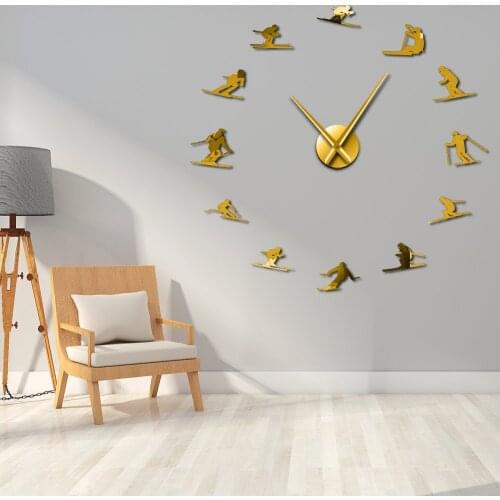 Mountain Skier Winter Skiing Vintage Style Ski Wall Art 3D DIY Wall Clock Quiet Sweep Long Hand Clock Watch Gift For Sport Lover