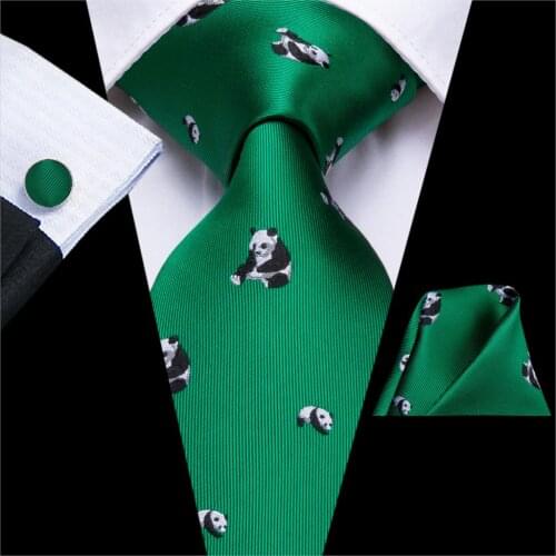 Hi-Tie Print Panda Silk Ties for Men Handkerchiefs Cufflinks Set Cartoon Flora Gift For Men Jacquard Gravatas Large Mens Tie