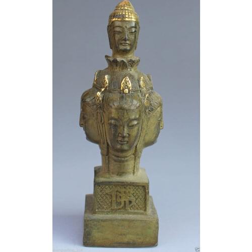 China Buddhism fengshui Bronze Gilt 4 face Kwan-Yin GuanYin Buddha Seal Statue