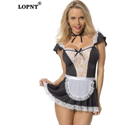 LOPNT Sexy Costume Maid Dress Uniform Lace See-Through Square Collar Erotic Lingerie Women Role Play Lolita 4-Piece Set Cosplay