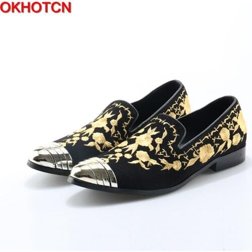 OKHOTCN Hot Fashion Man Shoes Slip On Lazy Loafers Gold Floral Designer Man Smoking Slippers Metal Pointed Toe Casual Flats Tide
