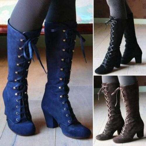 Hot sale fashion retro middle-aged middle-tube square heel lace-up knee-length womens high-tube casual black large size boots