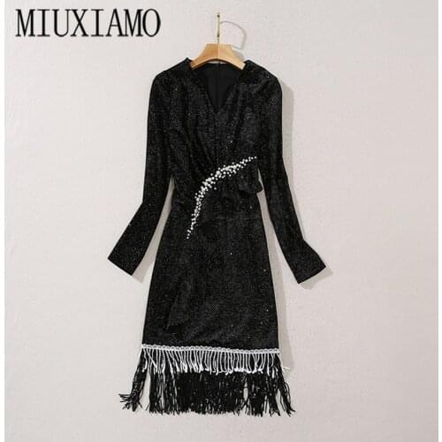MIUXIMAO 2020 Fall Dress Party Black Dress V-neck Diamonds Office Lady Casual Long Sleeve Dress Women Vestido