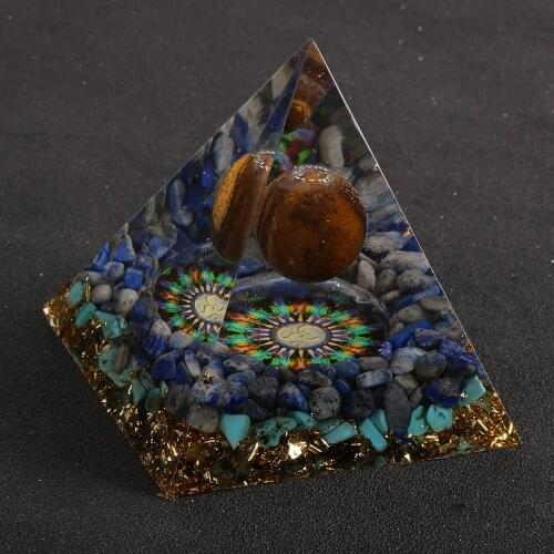 Natural Tiger Eye Gem Stone Orgone Pyramids Turquoises Chips Gravel OM Amulet Orgonite Energy Generator EMF Protection Pyramid