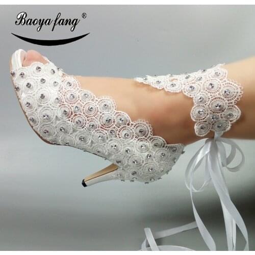 New Lace-Up Bride Wedding shoes woman fashion shoes crystal ankle strap party dress shoes Open toe high heels Pumps female