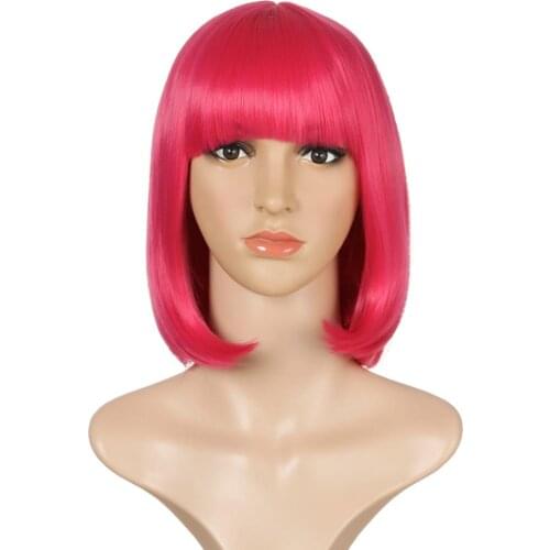 Wig for Womens Short Wigs Bob Style Straight Black Blue and Rose Red Synthetic Wig With Bangs Soft Hair Cosplay Party Wig