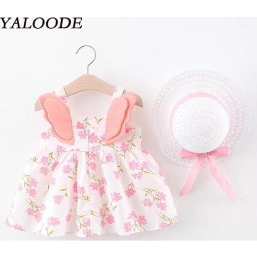 Baby Girl Dress Summer Print Wing Girl Dress + Bow Hat 2 Piece Baby Clothes Outfits Toddler Girl Clothes Newborn Infant Dress