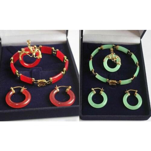 Genuine China Jade Pendant necklace Earrings Bracelet Suit Sets yellow gold