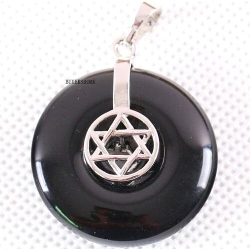 Silver Color Women Necklace Pendant Natural Gem Stone 30MM Round Bead Black Onyx Star 1Pcs K754