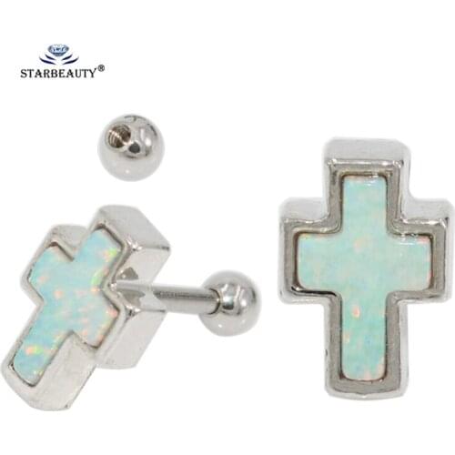 Starbeauty 2 pcs/lot White Opal Gem Cross Tragus Piercing Orelha Cartilagem 16G Stud Earrings Helix Ear Piercing Body Jewelry