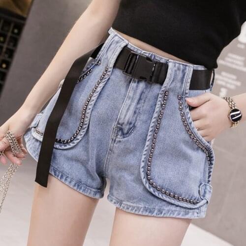 2021 Summer High Waist Denim Shorts Women Casual Loose Ladies Fashion beading Pocket Blue Jeans Female shorts with belt