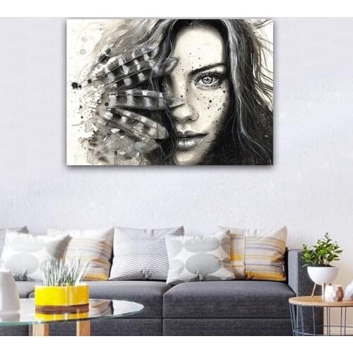 Modern Wall Art abstract feather sex girl face poster and print Wall Decoration Canvas Painting for Living Room Home Decor