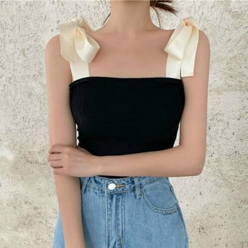 All-Match Soft Slim Sexy Clubwear Ribbons Sweet Women Chic New Black Summer Camisole Sleeveless Patchwork Clothes Ins Tops