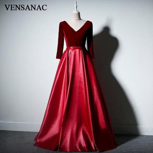 VENSANAC 2018 Velour V Neck Draped A Line Long Evening Dresses Elegant Long Sleeve Party Sash Satin Prom Gowns