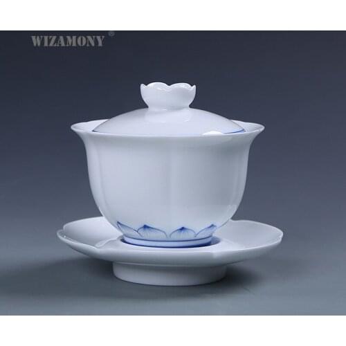 WIZAMONY Dehua Ceramics Hand-painted Blue and White White Porcelain Chinese Kung Fu Tea Set Tea Cup Bowl Cover Bowl Large