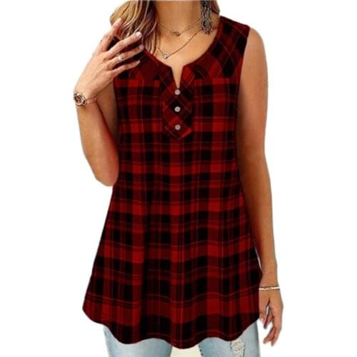 Oversize Fashion Plaid Print T-shirt Women Casual Summer Sexy V Neck Button Sleeveless Loose Tshirt Vintage Female Pullover Tops