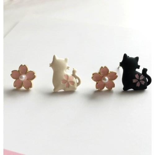 Cute Cat Earrings Delicate Cherry Blossom Pattern Earrings Female Pearl Earring