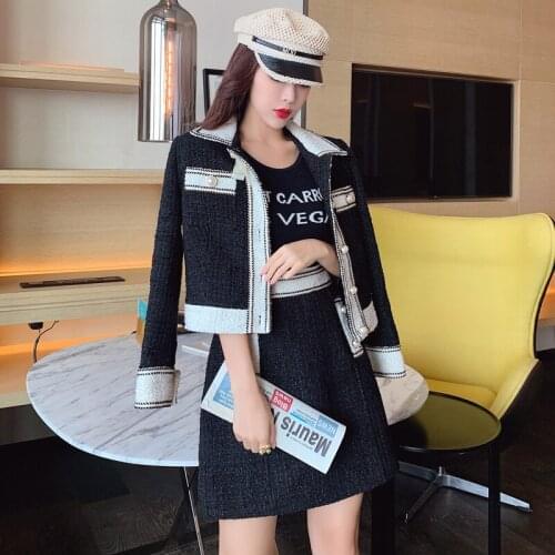 Fashion elegant tweed set two piece set women pearl bowknot long sleeve woolen coat + mini skirts 2 piece sets womens outfits