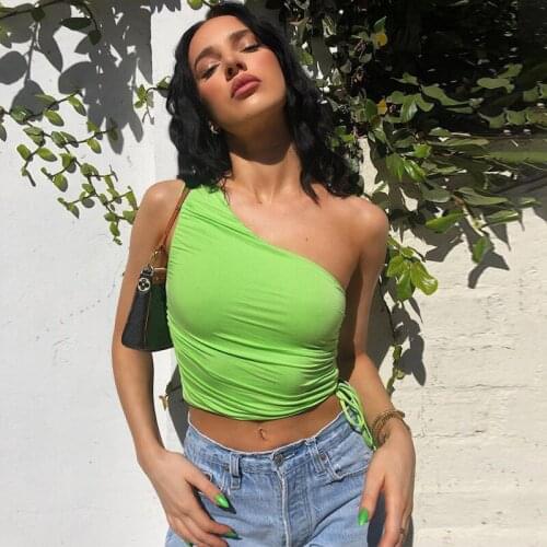 Solid Ruched Drawstring Women One Shoulder Tank Crop Top Bodycon Sexy Streetwear Party Club 2021 Summer Clothes Cute