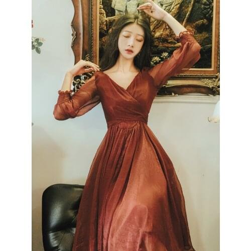 2019 new fashion womens Red dress temperament thin V-neck long sleeve vestidos Autumn Winter