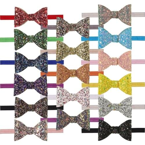 17pcs/lot Leather Fabric Hair Bows With Elastic Hairbands 2.5inch Sequin Bows Headband For Girls