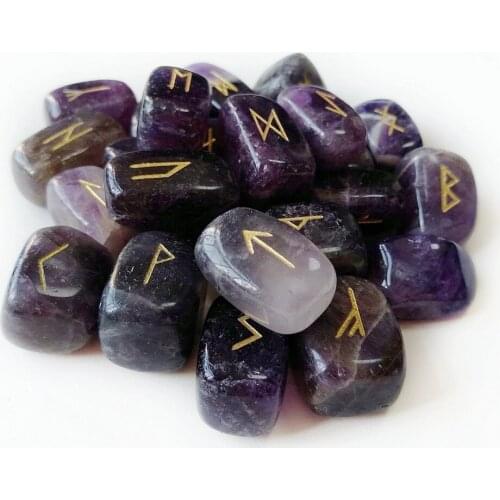 Meet Jo 25pcs Natural Purple Amethyst Stones Tumbled Crystal Reiki Healing Viking Runes Stones Set Nordic Amulets Divination Kit