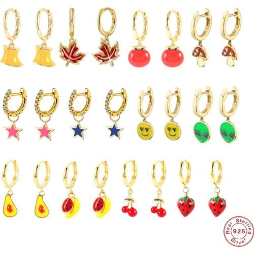 GS 925 Sterling Silver Fashion Enamel Fruit Collection Dangle Earrings Maple Leaves Cherry Pendant Drop Earrings Pendiente