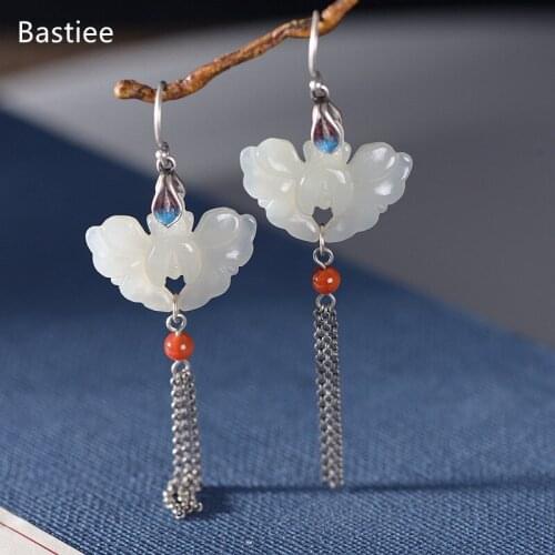 Bastiee Cloisonne Flower Jewelry For Women Silver 925 Jewelry Jade Jewelry Dangle Earrings Korean Earrings Long Earrings