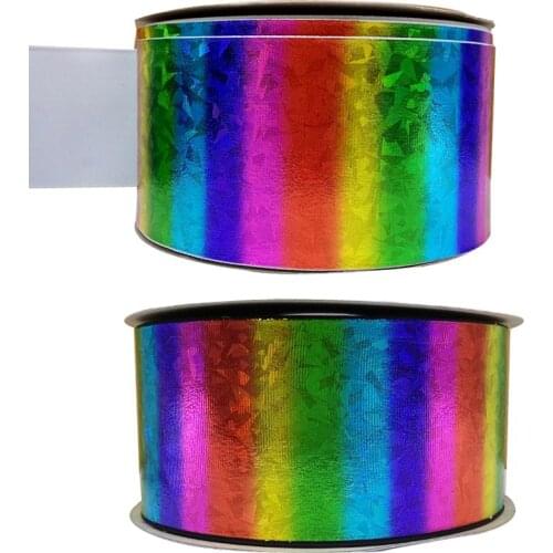 Free shipping 50 yard 3 inch rainbow color hologram ribbon foil printed grosgrain ribbon