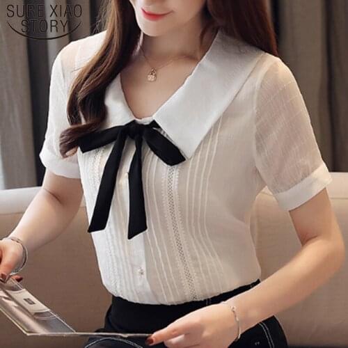 Korean Chiffon Blouse Womens Tops and Blouses Tops Women casual short sleeve tops Doll collar chiffon tops blusas 4634 50