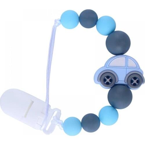 Baby Pacifier Chain Silicone Beads Pacifier Anti-Lost Chain Holder Clip Cute Cartoon Car Charms Wood Silicone Molar Teether Toy