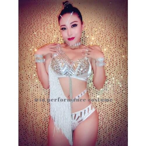 Sexy gogo Bar Leading Dance Team Costume sparkly Sequin Embroidery Bikini Rhinestones feather Mesh Set Performance Stage Outfit