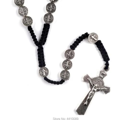 St Benedict Rosary Alloy Bead Black Woven Necklace For Man