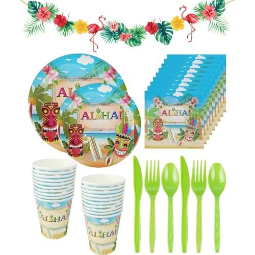 Hawaiian Aloha Party Tableware Set Dinner Plates Lunch Napkins Cups Knife Fork Spoon Summer Birthday Baby Shower Decorations