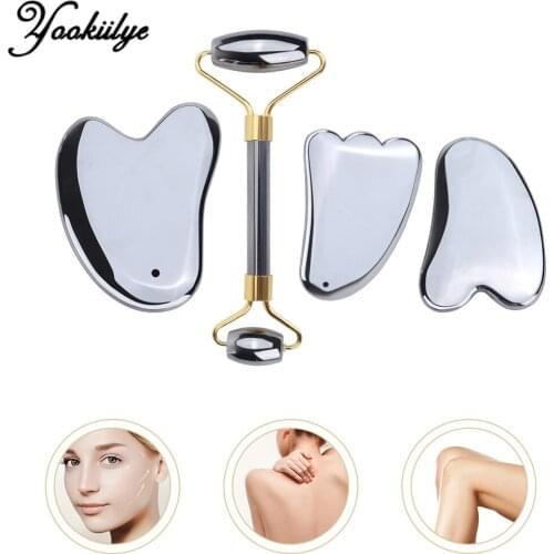 Terahertz Gua Sha Scraper + Facial Roller Massager Set Natural Terahertz Energy Stone Massager Anti Wrinkle Face Lift Massage