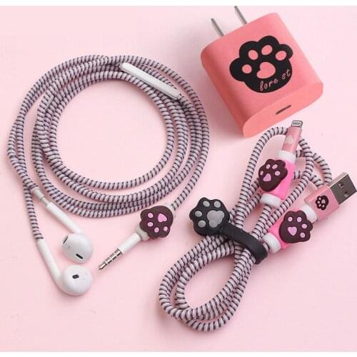Cartoon Earphone Protector Set With USB Charger Stickers Spiral Cable Protector For iphone 12 Fast Charger 18/20W Cable Winder